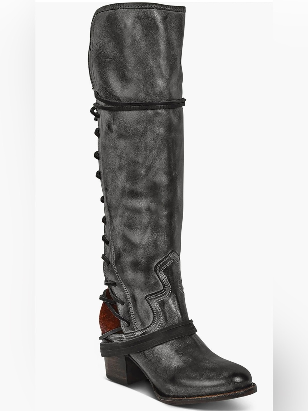 Freebird Coal Women's Grayish Black Lace-Back Knee High Leather Boots Sz 7